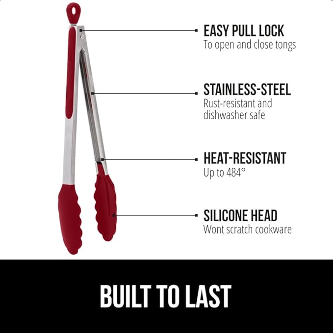 GORILLA GRIP Stainless Steel BPA-Free Kitchen Tongs for Cooking, 9+12 Inch, Heat Resistant BBQ Tong Set of 2, Non Scratch Silicone Tip for Pan, Strong Grip, Grab Food, Toss Salad, Pull Lock, Red