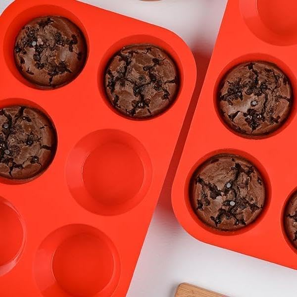 CAKETIME Silicone Jumbo Muffin Pan, 3.5 Inch Silicone Texas Muffin Pan 6 Cup Large Cupcake Pan Nonstick BPA Free Silicone Molds 2 Pack Red