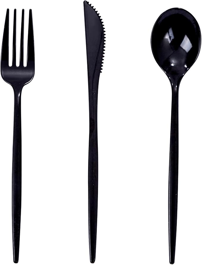 PULOTE 150PCS Black Plastic Silverware Set Disposable - Heavy Duty Black Plastic Cutlery - Black Plastic Utensils Set Include 50 Forks,50 Spoons,50 Knives for Party&Graduation