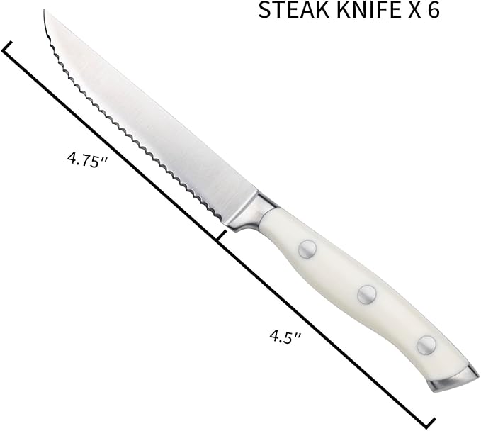 Alata 6-Piece White Steak Knives Set, Full-Tang Serrated Sharp Knives