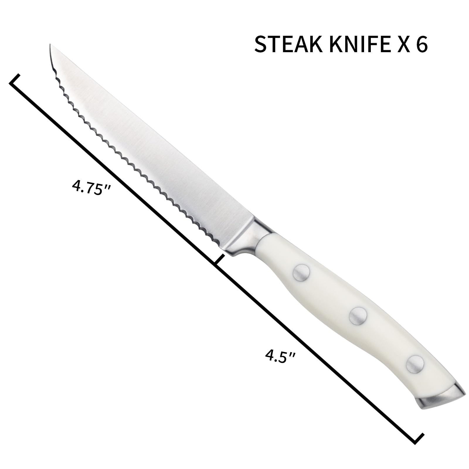 Alata 6-Piece White Steak Knives Set, Full-Tang Serrated Sharp Knives