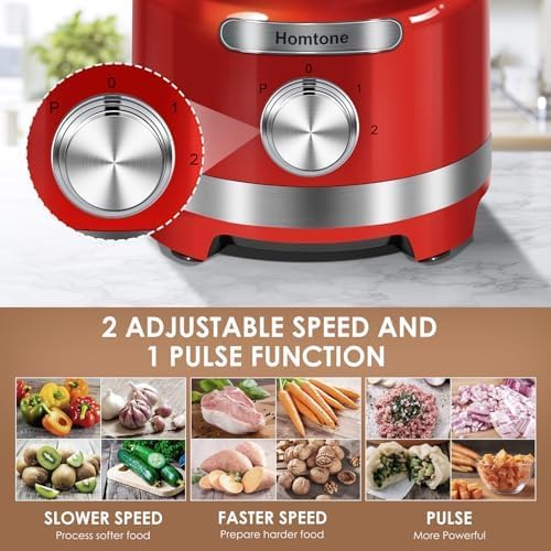 Homtone 16-Cup Food Processor, Heavy-Duty 9-Function Appliance with 7 Blades & 3 Speeds for Dough Kneading, Meat Chopping, Slicing, Shredding & Making French Fries, 600W (Red, 16 Cup)