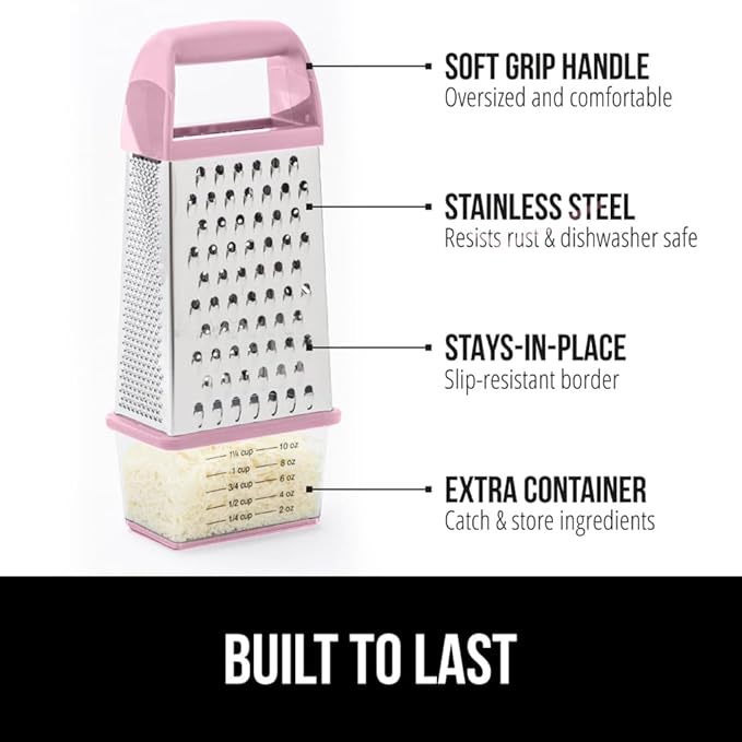 GORILLA GRIP® XL 4-Sided Stainless Steel Cheese Grater With Measurement Container, BPA-Free Box Grater, Slip Resistant Base, Grate Hard Parmesan, Shred Veggies, Zest Citrus, Dishwasher Safe, Pink