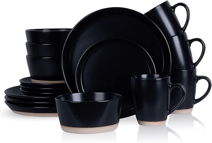 Stone Lain Jules Stoneware 16-Piece Dinnerware Set, Plates and Bowls, Service for 4, Black, Microwave & Dishwasher Safe