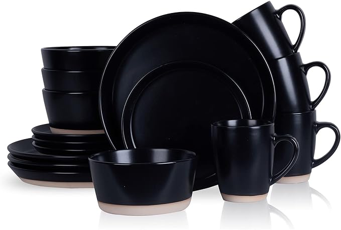 Stone Lain Jules Stoneware 16-Piece Dinnerware Set, Plates and Bowls, Service for 4, Black, Microwave & Dishwasher Safe