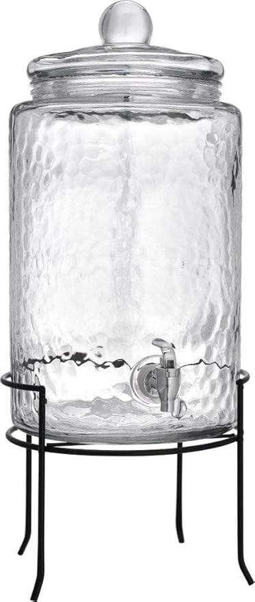 MosJos Classic Hammered Glass Ice Cold Beverage Drink Dispenser - 3 Gallon, With Glass Lid and Antique Metal Stand, 100% Leak Proof Spigot- Wide Mouth Easy Filling For Outdoor, Parties & Daily Use
