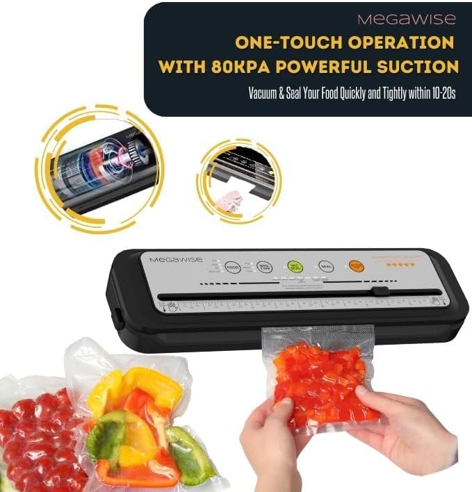 MegaWise Vacuum Sealer Machine, 80kPa Powerful Suction, One-Touch Automatic Food Sealer with Built-in Cutter & Bags Included, Dry Moist Modes for All Saving needs