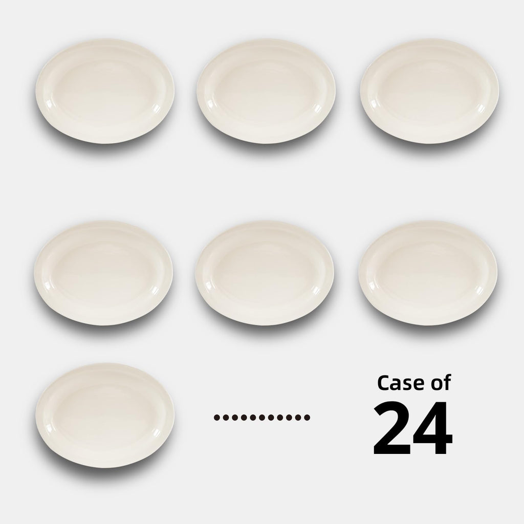 IRESTAURANT PLUS Stoneware Narrow Rim Commercial Grade Dinnerware, America White, Oval Platter 9.5" x 7.25", Cae of 24