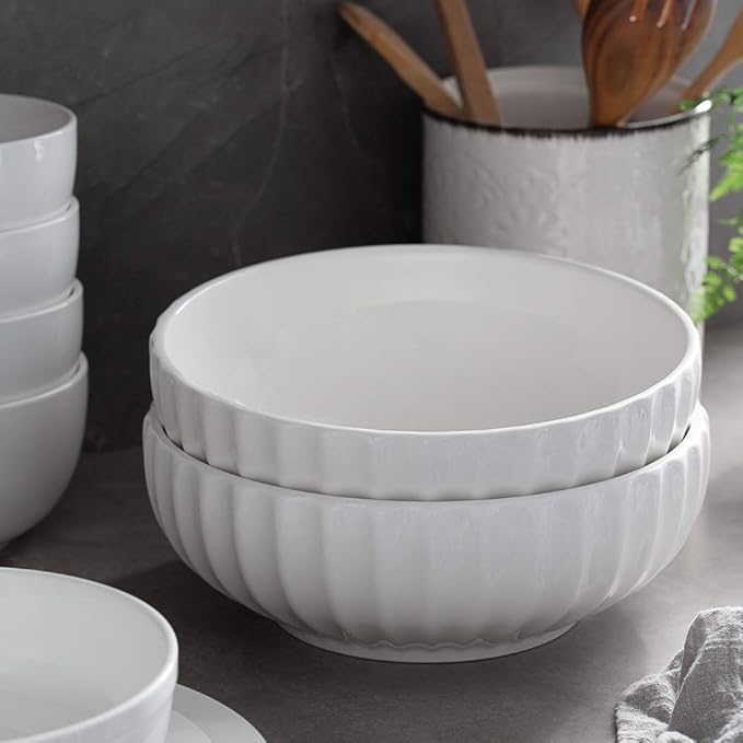 DOWAN 9.8'' Serving Bowls, 86 oz Large Salad Bowl, Ceramic Serving Dishes, Set of 2, Pumpkin Shape for Christmas, Entertaining, Party, Kitchen, Dinner, Banquet, Housewarming Gift, White