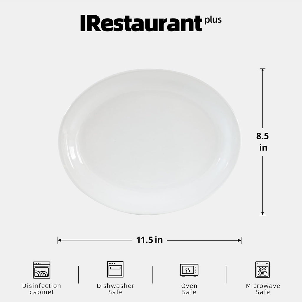 IRESTAURANT PLUS Stoneware Narrow Rim Commercial Grade Dinnerware,Bright White Oval Platter 11.5" x 8.5", Case of 12
