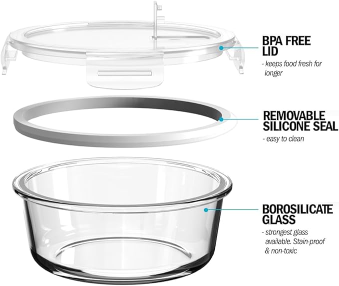 Igluu Meal Prep Round Glass Containers with Air Vent Lids (5 Pack) – 32oz