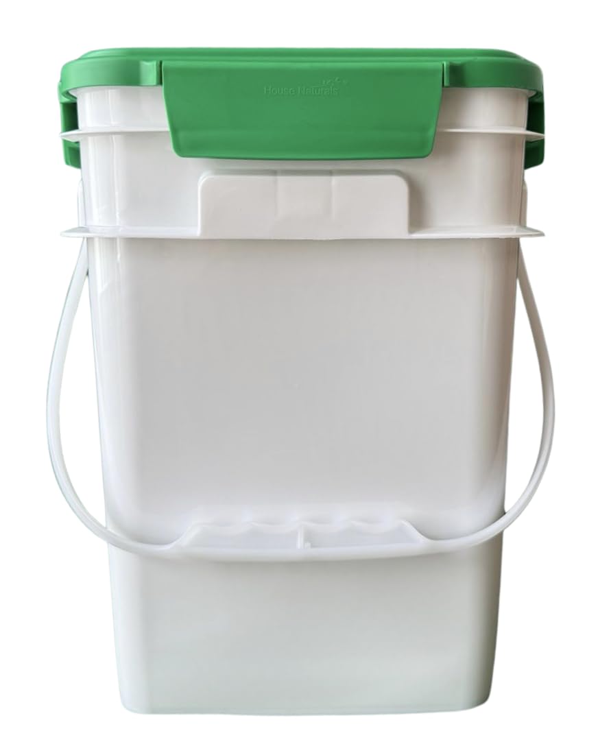 House Naturals 4 Gallon Square Food Grade Bucket Pail with Plastic Handles and Lid (Pack of 3) Made in USA containers (White - Green lid)
