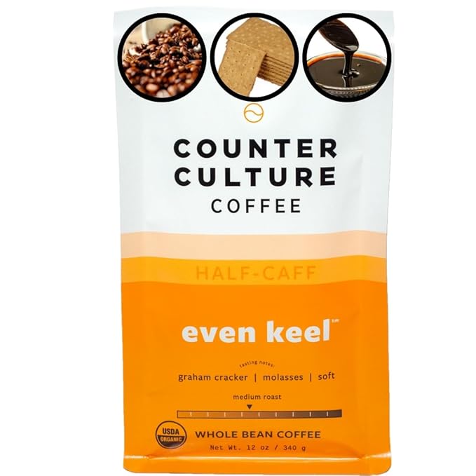 Counter Culture Whole Bean Organic Coffee Half-Caff (Even Keel - Light Roast) Graham Cracker & Molasses - Sustainably Sourced - B Corp - Organic Coffee Beans - Kosher, Gluten Free, Nut Free - 12oz Bag