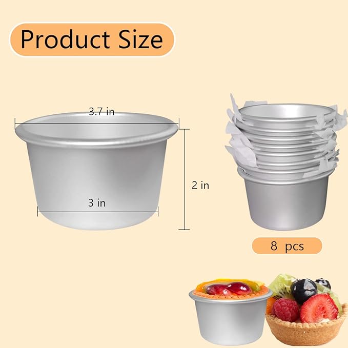 FRIGIIRE Pudding Cups Molds Individual Popover Pan Cupcake Muffin Baking Maker Aluminium 8 Pieces(3.74 x 2 x 2.87 Inch)