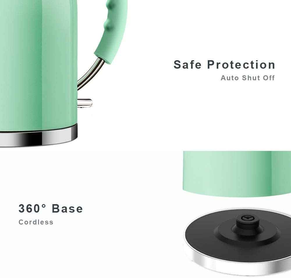 Electric Kettle, ASCOT Electric Tea Kettle, Stainless Steel Water Boiler, Fast Boiling, 1.5L, 1500W, BPA-Free, Cordless, Automatic Shutoff, Boil-Dry Protection, Green