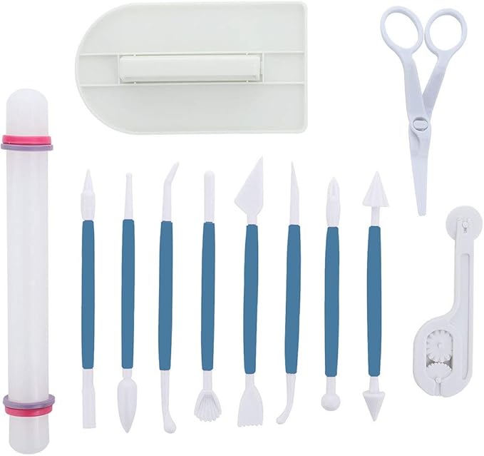 ScivoKaval Marshmallow Fondant Cake Decorating Hand Tool 12 Pcs 5 Sets Sugarcraft Gumpaste Icing Smoother Rolling Pin Trimmer Cutter Embosser Flower Scissor Modelling Accessories Supplies Kit Blue