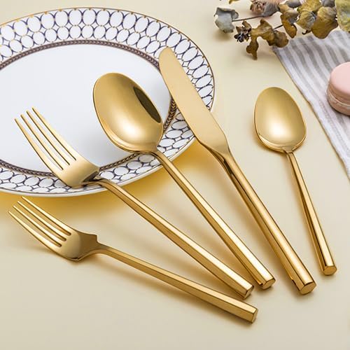 Kelenfer Gold Silverware Set 60 Pieces Hexagon Handle Service for 12