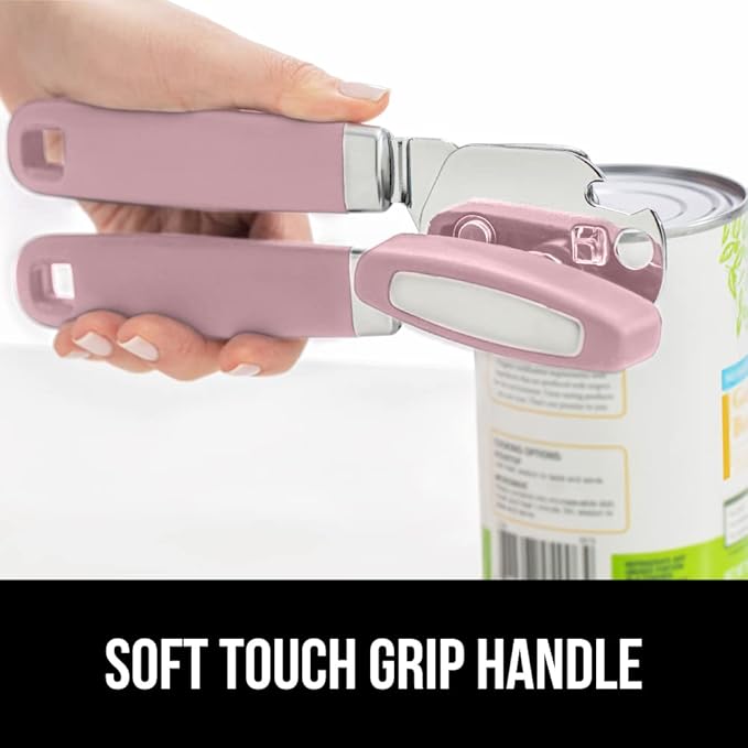 GORILLA GRIP Original Model Stainless Steel Smooth Edge Manual Can Opener and Bottle Openers, US Designed, Comfortable Handle, Oversized Handheld Turn Knob, Multifunctional Kitchen Tool, Pink