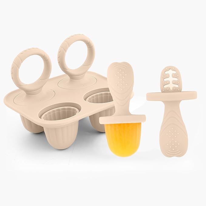Silicone Baby Ice Pop Molds with Easy-Grip Handles, 4-Cavity Frozen Food Feeder Tray for Toddlers, Mini Popsicle Maker for Feeding Stage, Fruit Puree & Breast Milk Snacks(Beige)