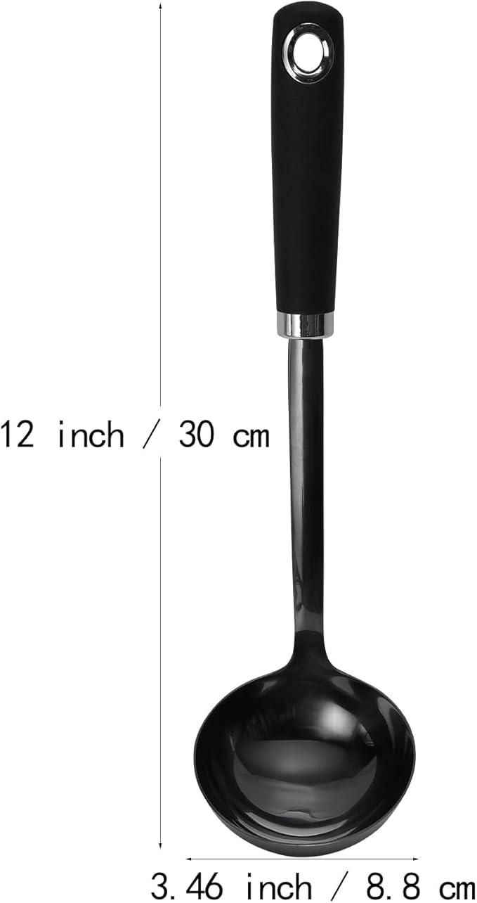 JXWING 12-Inch Black Stainless Steel Soup Ladle, Metal Ladle Spoon