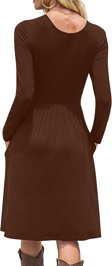 DB MOON Women Casual Long Sleeve Dresses Empire Waist Loose Dress with Pockets (Brown 02, XL)