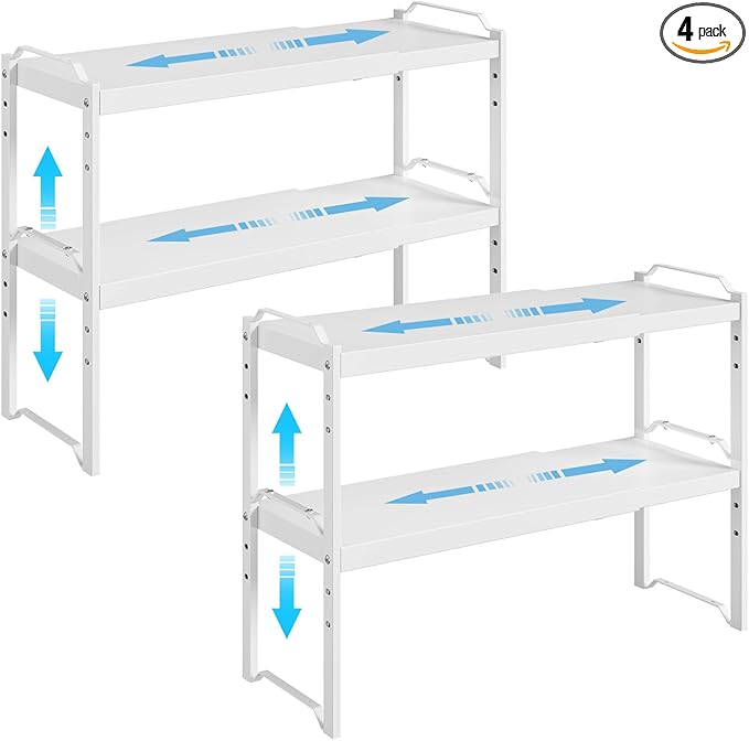 4 Pack Kitchen Cabinet Shelves Organizers, Kitchen Counter Storage Shelf Spice Rack, Expandable Length, Adjustable Height, Stackable, Sturdy 30LBS Bearing, Small Cupboard Tabletop Organizer Shelf Rack