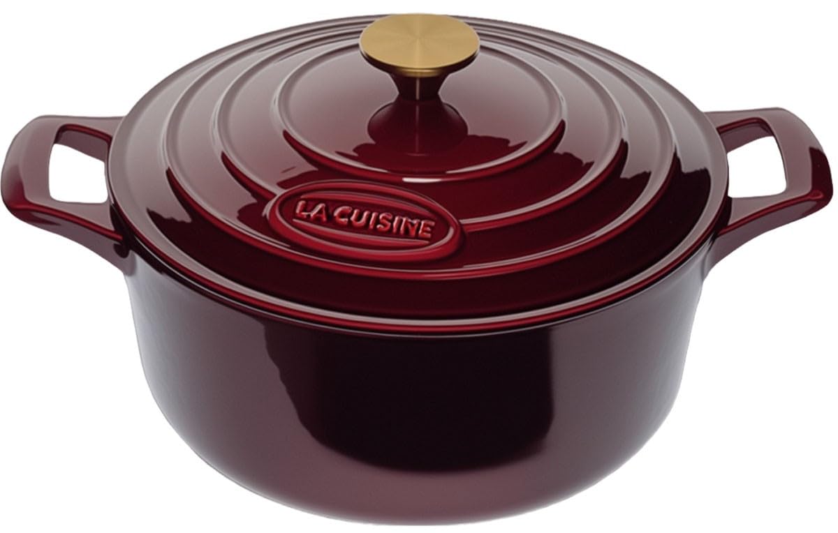 La Cuisine Enameled Cast Iron Dutch Oven Casserole Pot with Golden handle for Lid, Internal Matte Black Enamel Coating, 6.5 QT 11" / 28cm Ø, Oven-Safe 550°F/276°C, Cranberry
