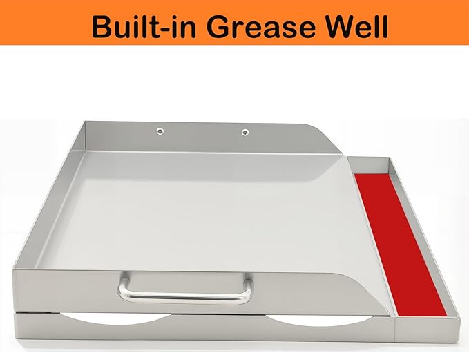 DEWOSEN Universal Stainless Steel Griddle Flat Top Plate Grill-Top Griddle Pan with Even Heating Cross Bracing for BBQ Charcoal/Gas Grills, Camping, Tailgating, and Parties (17"*13")