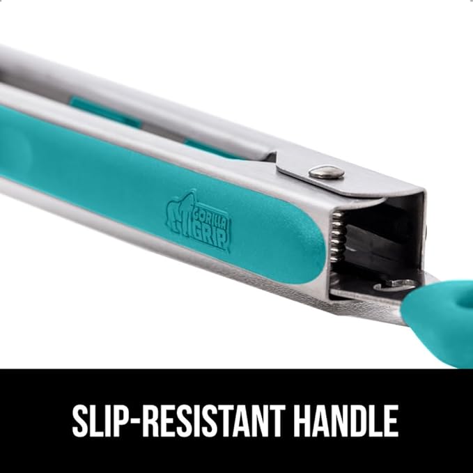 GORILLA GRIP Stainless Steel BPA-Free Kitchen Tongs for Cooking, 9+12 Inch, Heat Resistant BBQ Tong Set of 2, Non Scratch Silicone Tip for Pan, Strong Grip, Grab Food, Toss Salad, Pull Lock, Turquoise