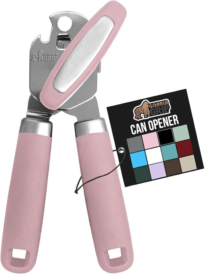 GORILLA GRIP Original Model Stainless Steel Smooth Edge Manual Can Opener and Bottle Openers, US Designed, Comfortable Handle, Oversized Handheld Turn Knob, Multifunctional Kitchen Tool, Pink