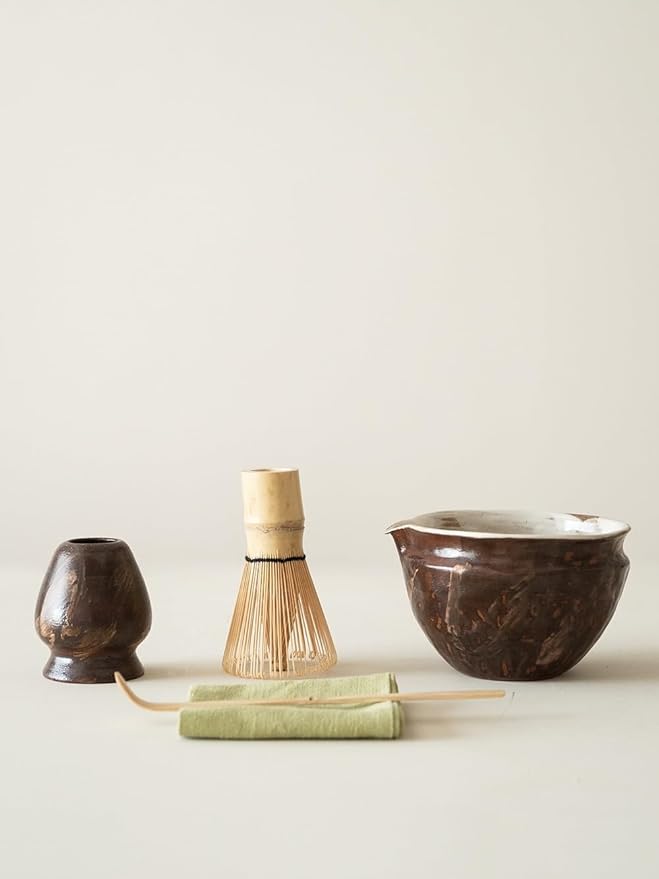 WUSEI Matcha Set with Handmade Ceramic Bowl & Bamboo Whisk, Dark Brown,6-Pc