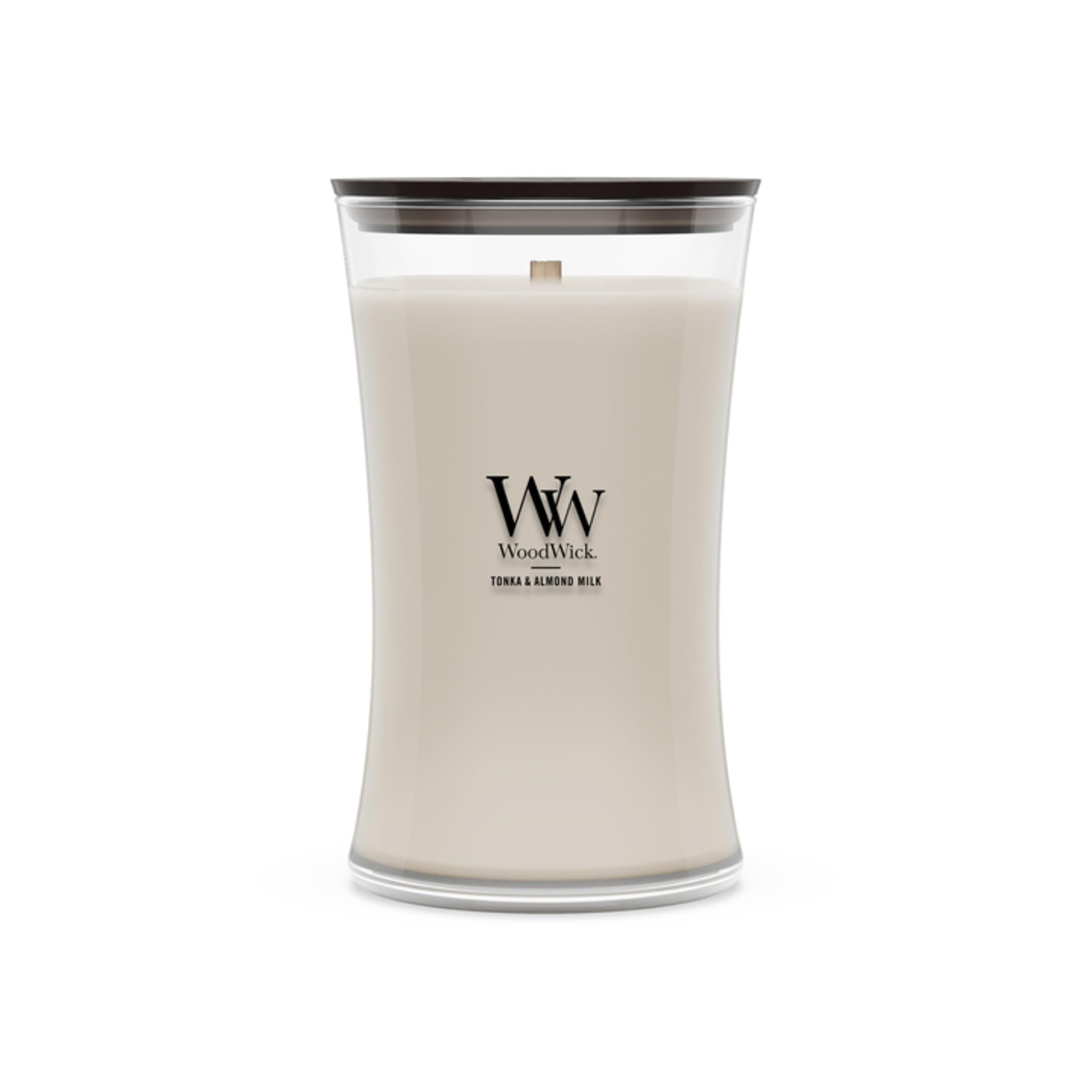 WoodWick Tonka & Almond Milk Gifts for Women and Men, 21.5 oz Large Hourglass Candle with Crackling Wick