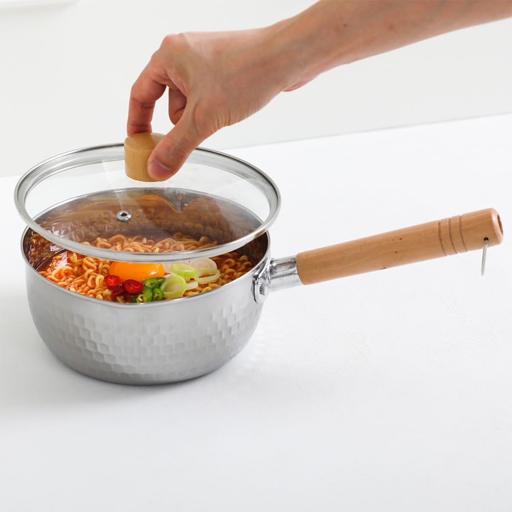 SISEM 1.5 Quart Stainless Steel Pot With Glass Lid. Traditional Japanese Saucepan Wth Wood Handle, Multipurpose Sauce Pan With Two Side Pour Spouts & Measurement Line, Great for Ramen, Milk etc.