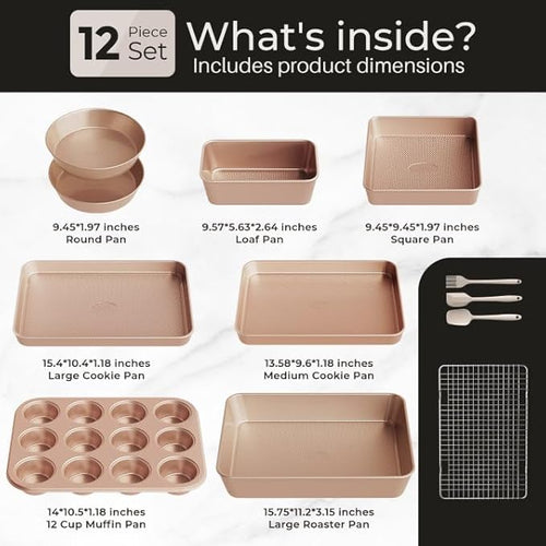12-Piece Nonstick Bakeware Set with Baking Pan - Ceramic Coated Gold