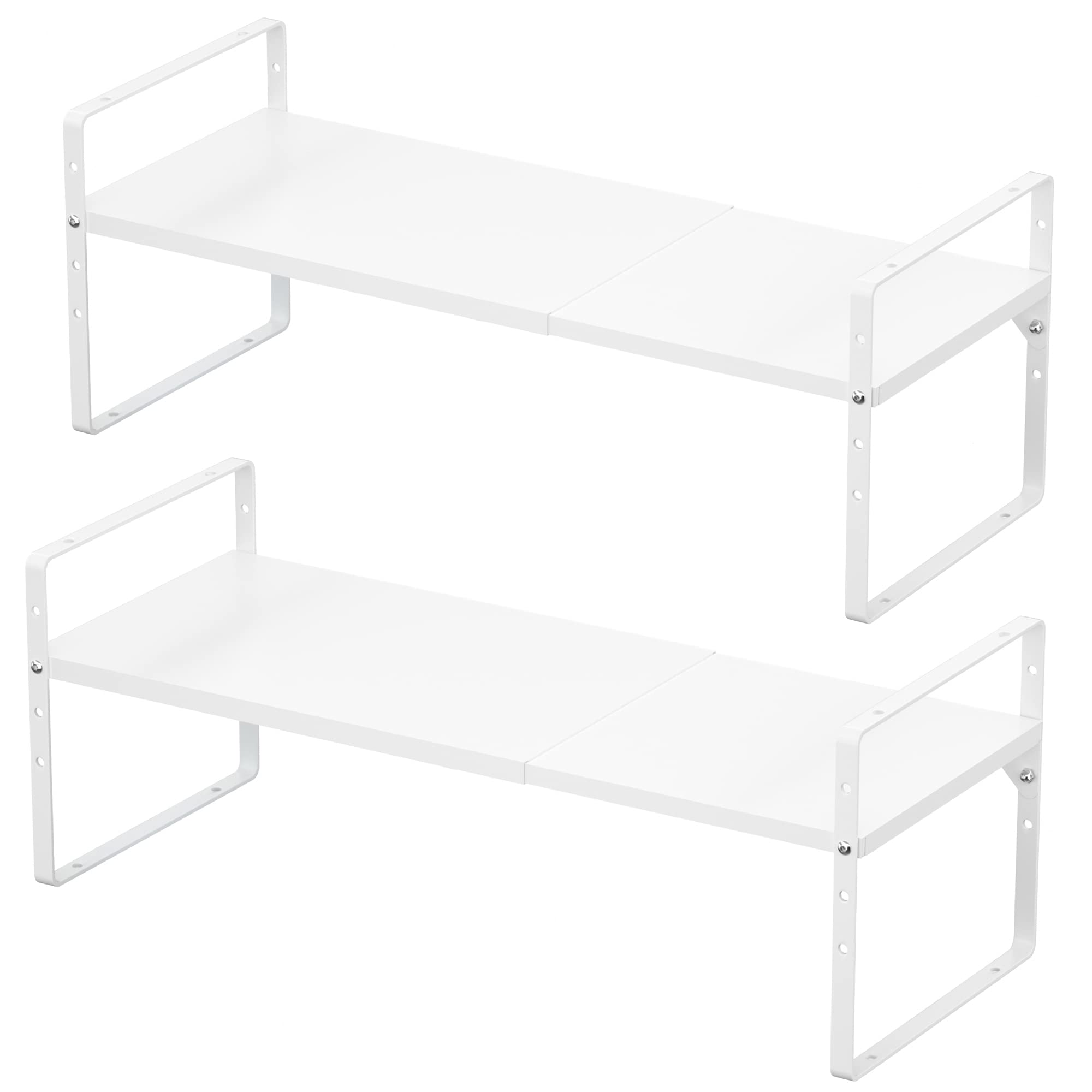 iPEGTOP Expandable Cabinet Storage Shelf Organizer Rack, Heavy Duty Cupboard Stand Spice Rack Adjustable Height Garage Pantry Shelf Space Riser for Counter Kitchen Organization, White, 2 Pack