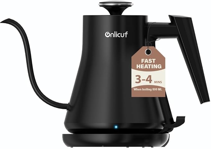 Onlicuf Gooseneck Electric Kettle 0.8L (27oz) - 1000W Rapid Fast Boiling Tea Kettle with Auto Shut Off & Boil-Dry Protection, Stainless Steel Leak-Proof Water Boiler for Pour Over Coffee, Black