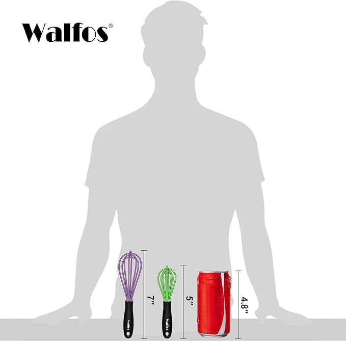 Walfos Whisk,5+7Inch Mini Whisks,Silicone Non Scratch whisk,Heat Resistant(480°F) Small whisks Suitable for stirring individual eggs and mixing small amounts of powder and sauce. Purple & Green