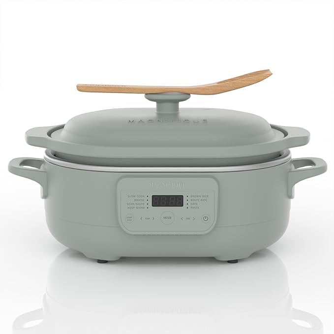 4 Quart Claypot Slow Cooker with Flexible Easy Programming, 8-in-1 Multi Cooker, Removable Crock, Nonstick, Oven Safe Pot to 450°F, Olive