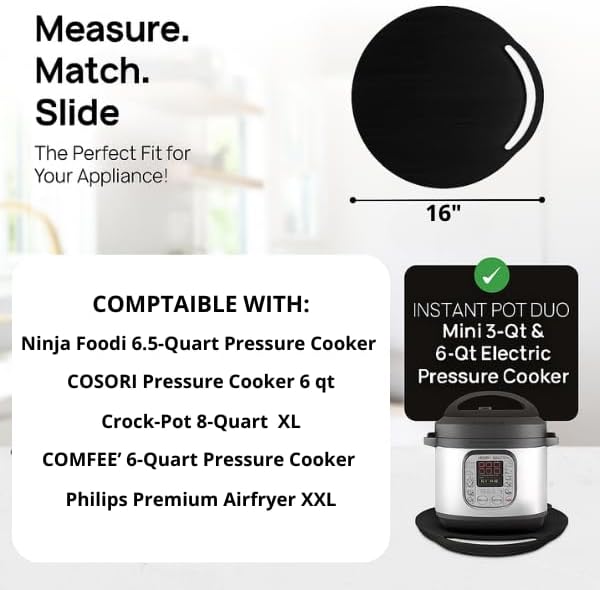 Ibyx Elegant Round Sliding Tray for Your Pressure Cooker, Air Fryer & Heavy Kitchen Appliances - Sturdy, Slides Easily from Under The Cabinet (Black, 16”)