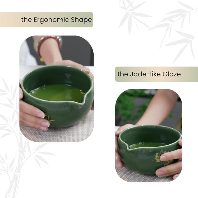 CyaLivoo Matcha Whisk Set, 8 Pcs Gold Plum Blossom Matcha Kit for Japanese Tea Ceremony, Ceramic Bowl with Spout, Bamboo Whisk, Spoon, Scoop, Sifter, Towel, Gift for Beginners and Matcha Lovers(Green)