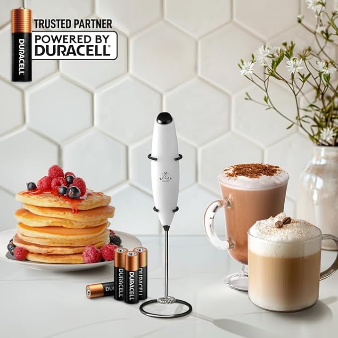 Zulay Kitchen Powerful Milk Frother Wand With Duracell Batteries - Ultra Fast Handheld Drink Mixer - Electric Whisk Foam Maker for Coffee, Lattes, Cappuccino & Matcha - Z1 Motor - White & Black