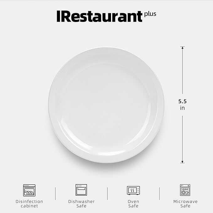 IRESTAURANT PLUS Stoneware Narrow Rim Commercial Grade Dinnerware, Bright White, Plate 5.5", Case of 36