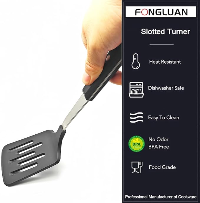 FONGLUAN Stainless Steel Cooking Slotted Turner With Heat-resistant BPA-free nylon head Safe for Non-Stick Cookware POM Handles Heavy Duty Kitchen Spatulas For Serving