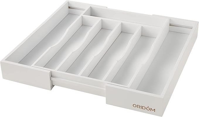 oridom Expandable Bamboo Kitchen Drawer Organizer for Cutlery and Utensils, Adjustable Bamboo Wood Cutlery Tray in Drawer for Flatware and Silverware in Kitchen, (White)