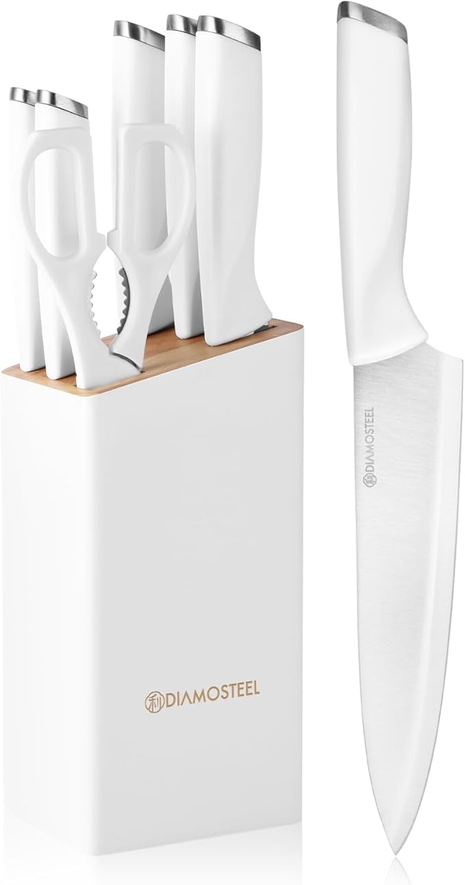 Diamosteel White Knife Set with Wooden Block, 7-Piece Knife Block Set