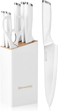 Diamosteel White Knife Set with Wooden Block, 7-Piece Knife Block Set