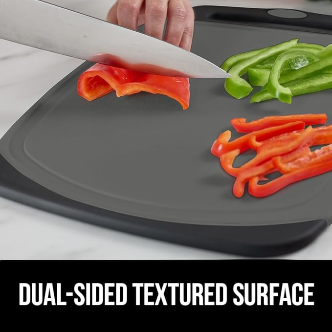 GORILLA GRIP BPA-Free Reversible Kitchen Cutting Board Set of 3, US Designed, Nonporous, Juice Grooves Catch Liquid, Slip Resistant Border, Dishwasher Safe, Durable Food Chopping Boards, Gray Black
