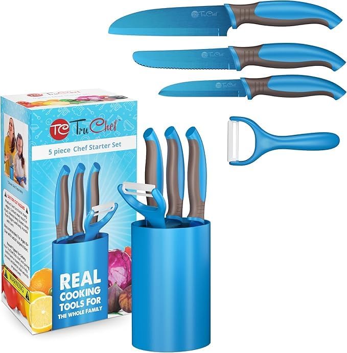 TruChef 5-Piece Kids Knife Set | Real Stainless Steel Cooking Knives with Peeler, Serrated Blade & Storage Stand | Safe, Easy-Grip Design – Fun Junior Chef Set for Boys & Girls (5 pcs, Blue)