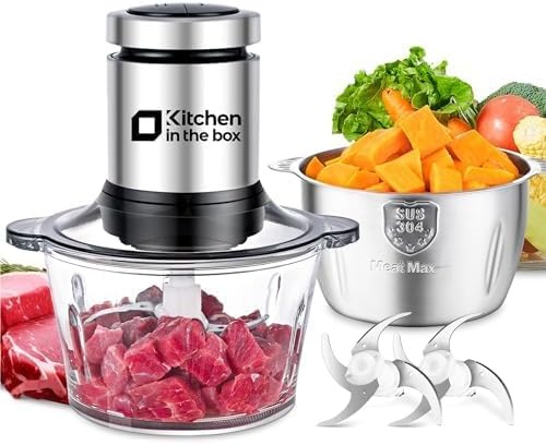 Kitchen in the box Food Processors,Small Meat Grinder & Food Chopper Electric Vegetable Chopper with 2 Bowls (8 Cup+8 Cup)& 2 Bi-Level Blades for Meat/fish/Vegetable/Baby Food,Black