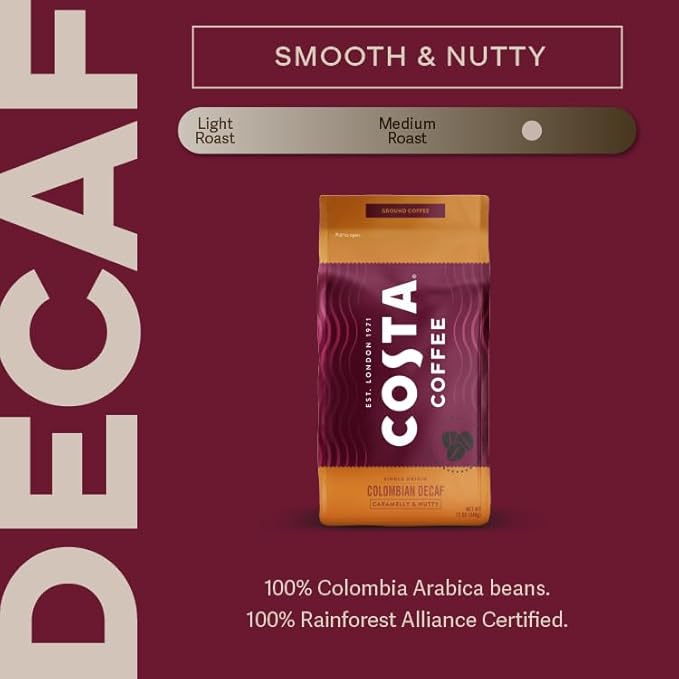 Costa Coffee Ground Decaf Medium Roast Coffee, 12 Oz Bag Caramel & Nutty.